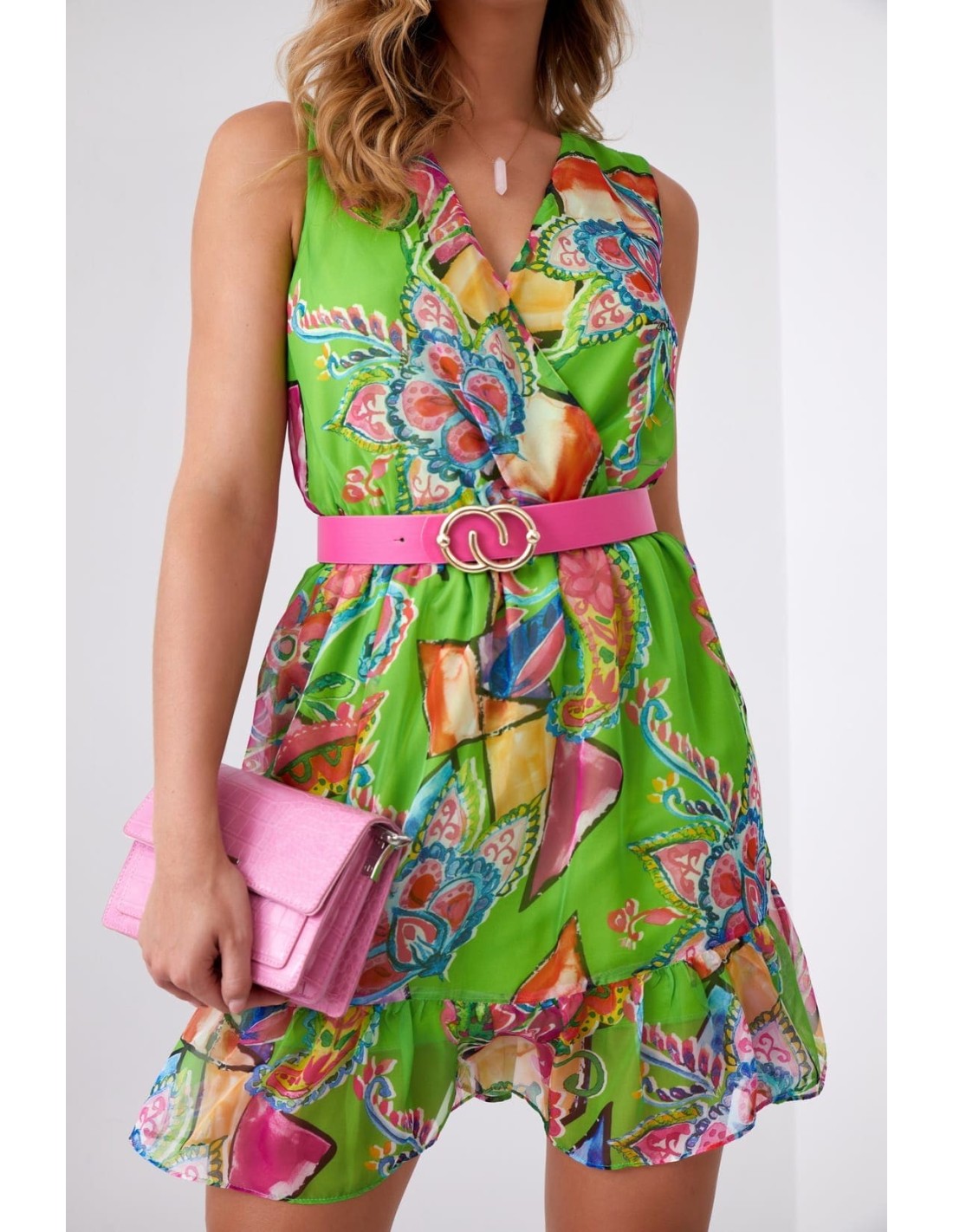 Light patterned dress with a belt, green and pink 03040 - Online store - Boutique